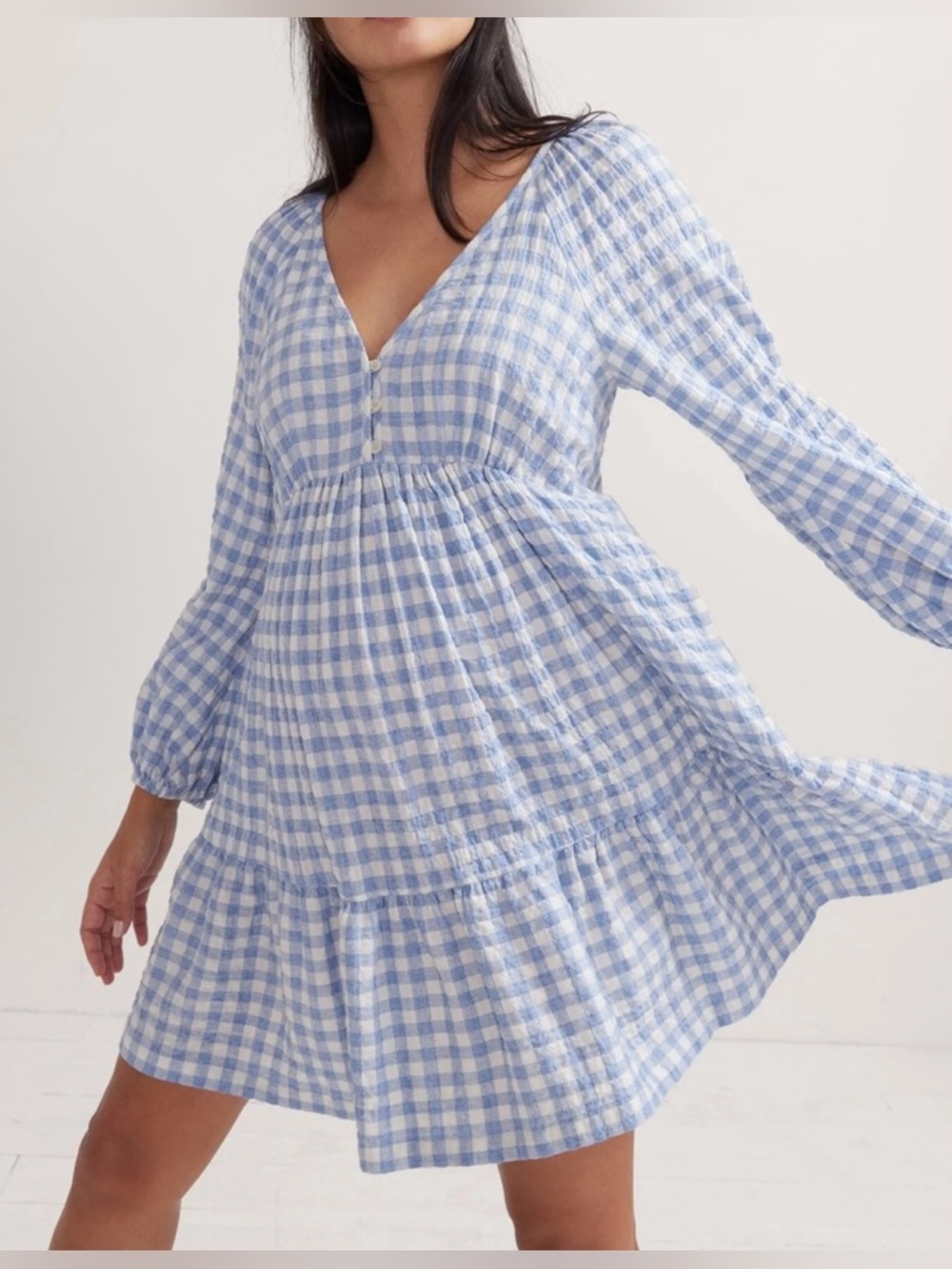 Hatch Blue and White Gingham Lightweight Long Sleeve Maternity Dress - Size 2/M